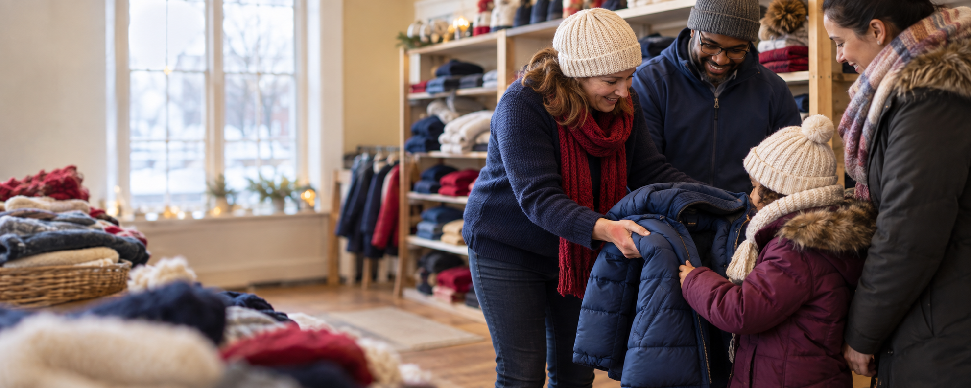Volunteers sharing a winter coat with a child